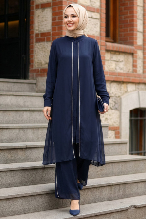 Chiffon Navy Blue Modest Two-Piece Set 4447L - 1
