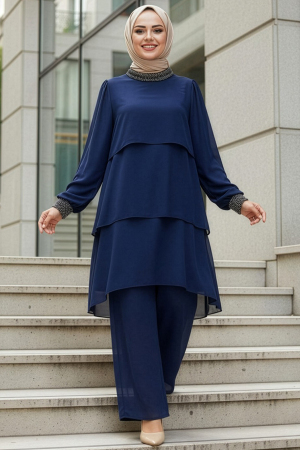 Chiffon Navy Blue Modest Two-Piece Set 48501L - 1