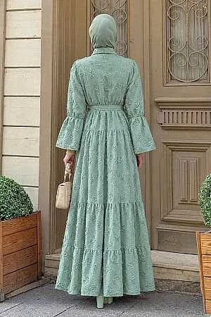 Çiçek Aplikeli Gömlek Yaka Mint Tesettür Elbise 26185MINT - 2