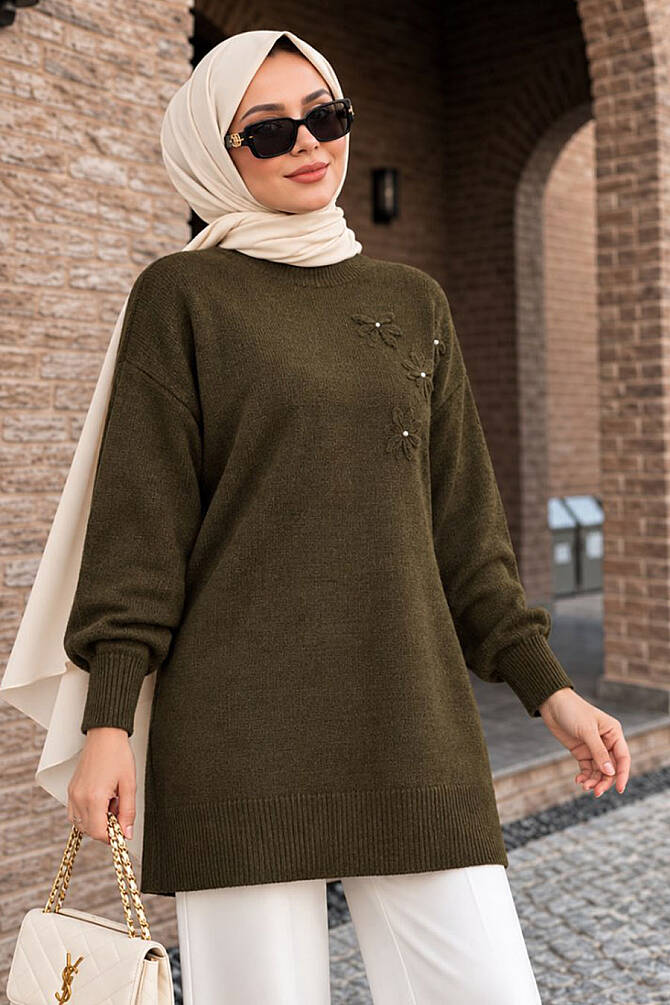 Çiçek Aplikeli Haki Tesettür Triko Tunik 60112HK - 1