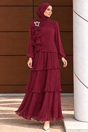 Floral Appliqué Layered Pleated Chiffon Burgundy Modest Evening Dress 49340BR 