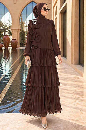 Floral Appliqué Layered Pleated Chiffon Brown Modest Evening Dress 49340KH - 1