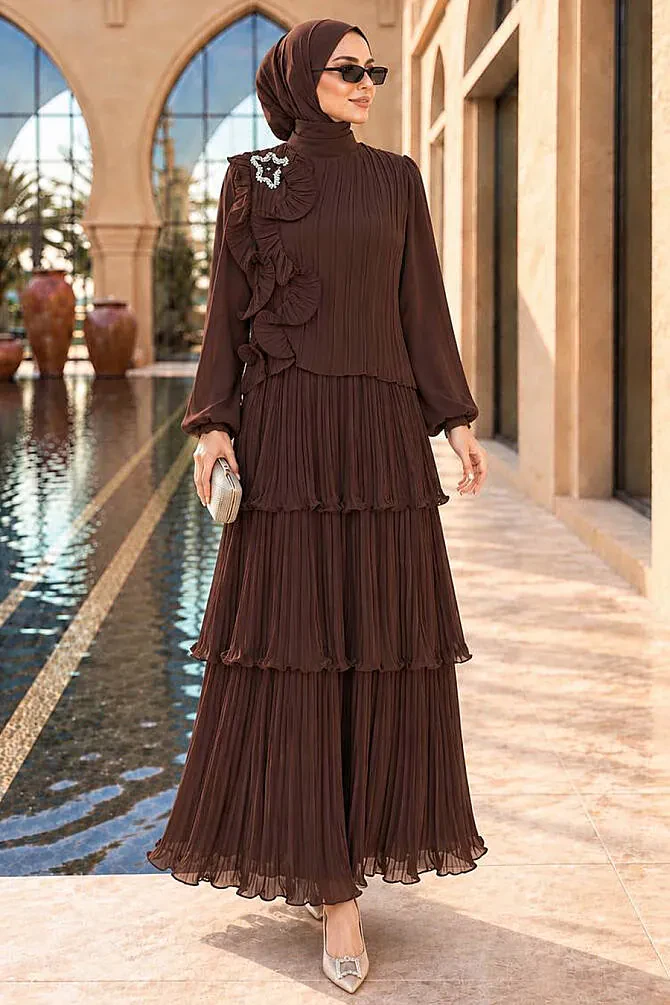Floral Appliqué Layered Pleated Chiffon Brown Modest Evening Dress 49340KH - 1