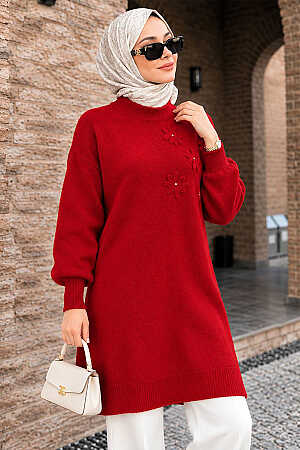 Floral-Appliqué Red Modest Knit Tunic 60112K - N.S NEVA STYLE
