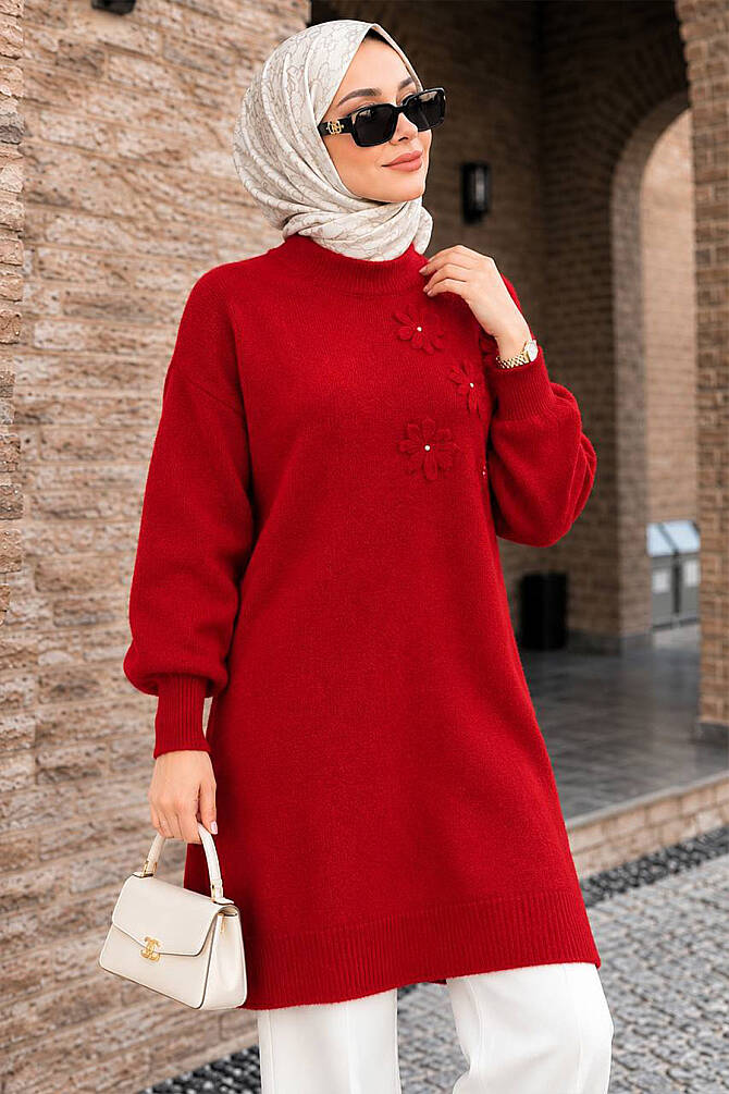 Çiçek Aplikeli Kırmızı Tesettür Triko Tunik 60112K - 1