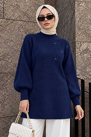 Çiçek Aplikeli Lacivert Tesettür Triko Tunik 60112L - 1