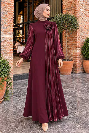 Floral Appliqué Pleat Detail Crepe Dark Burgundy Modest Evening Dress 50010KBR 