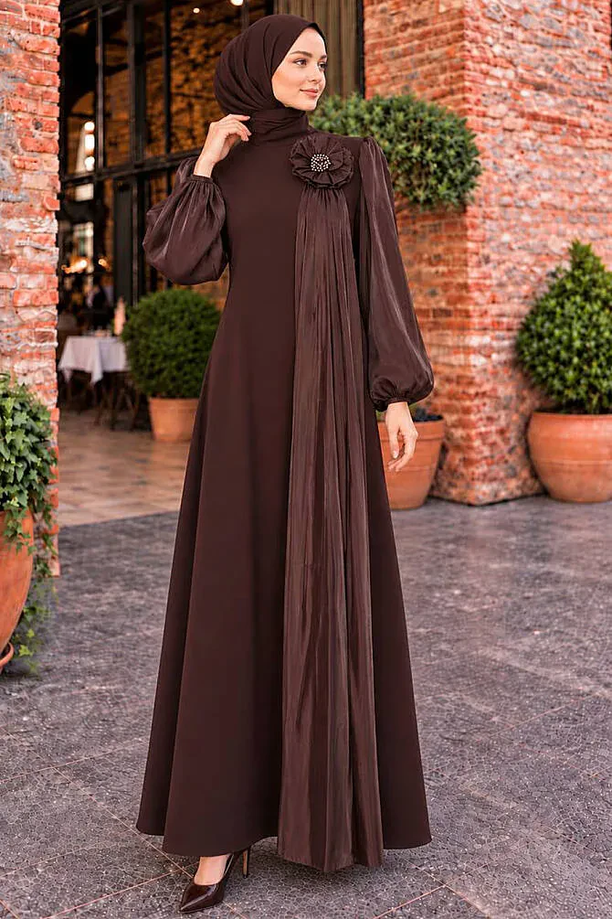 Floral Appliqué Pleat Detail Crepe Dark Brown Modest Evening Dress 50010KKH - 1