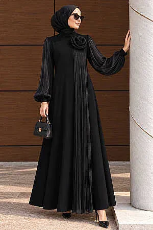 Floral Appliqué Pleat Detail Crepe Black Modest Evening Dress 50010S 