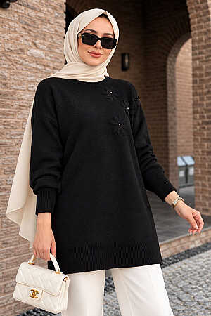 Çiçek Aplikeli Siyah Tesettür Triko Tunik 60112S 