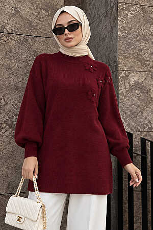 Çiçek Aplikeli Vişne Tesettür Triko Tunik 60112VSN 