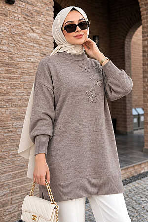Çiçek Aplikeli Vizon Tesettür Triko Tunik 60112V 