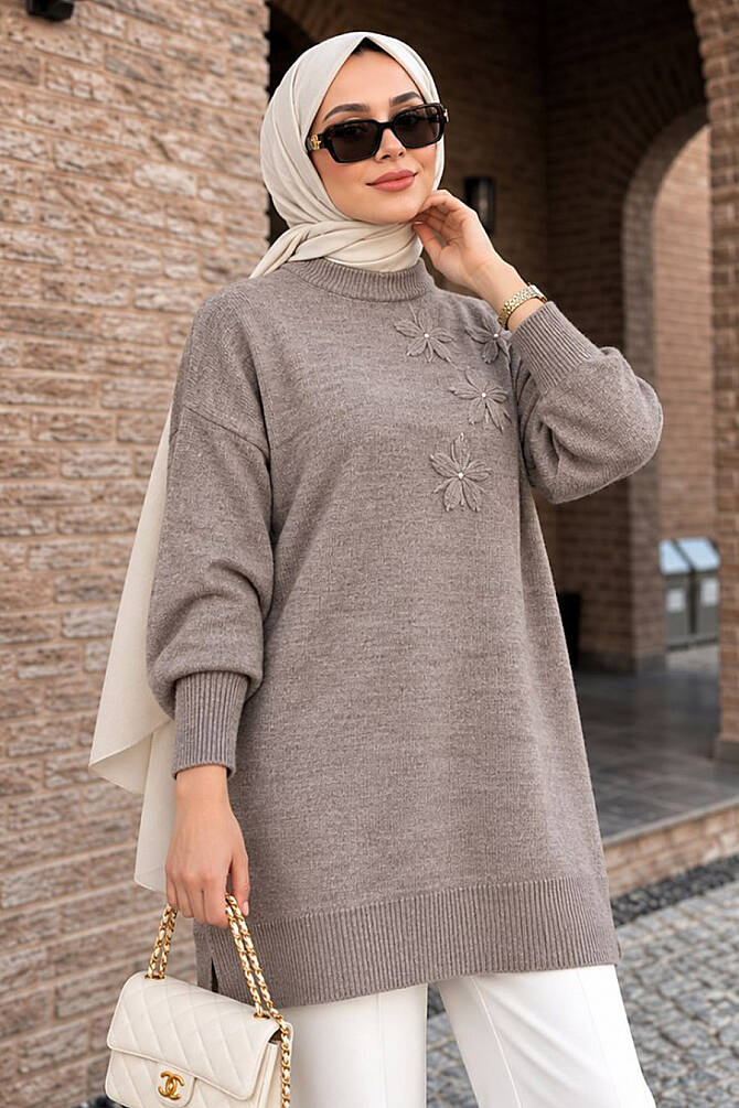 Çiçek Aplikeli Vizon Tesettür Triko Tunik 60112V - 1