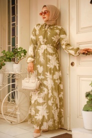 Çiçek Desenli Açık Haki Tesettür Elbise 50359AHK - Thumbnail