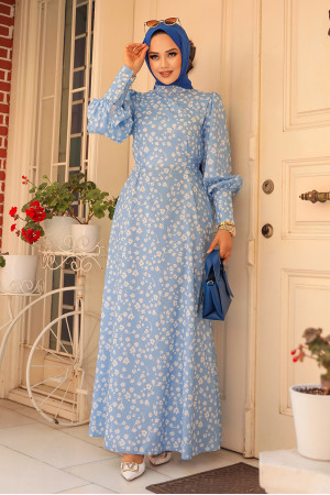 Çiçek Desenli Bebek Mavisi Tesettür Elbise 61091BM - 2