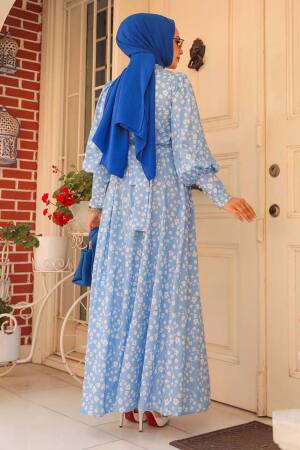 Çiçek Desenli Bebek Mavisi Tesettür Elbise 61091BM - 3