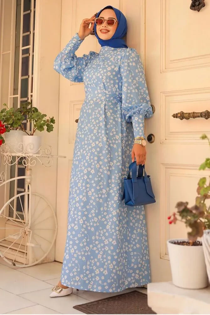 Çiçek Desenli Bebek Mavisi Tesettür Elbise 61091BM - 1