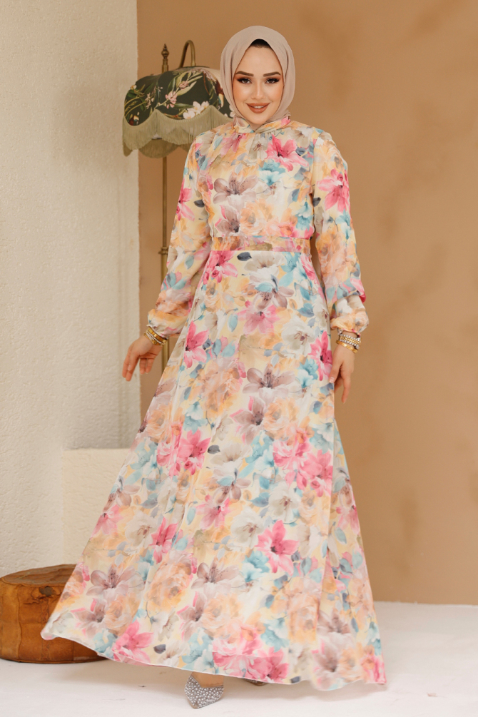 Çiçek Desenli Sarı Tesettür Elbise 27984SR - 1
