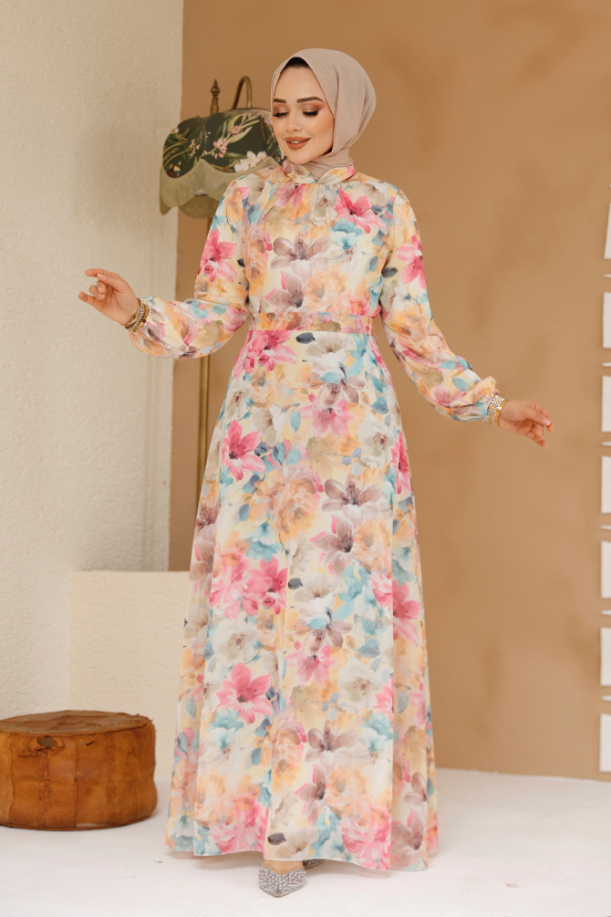 Çiçek Desenli Sarı Tesettür Elbise 27984SR - 2