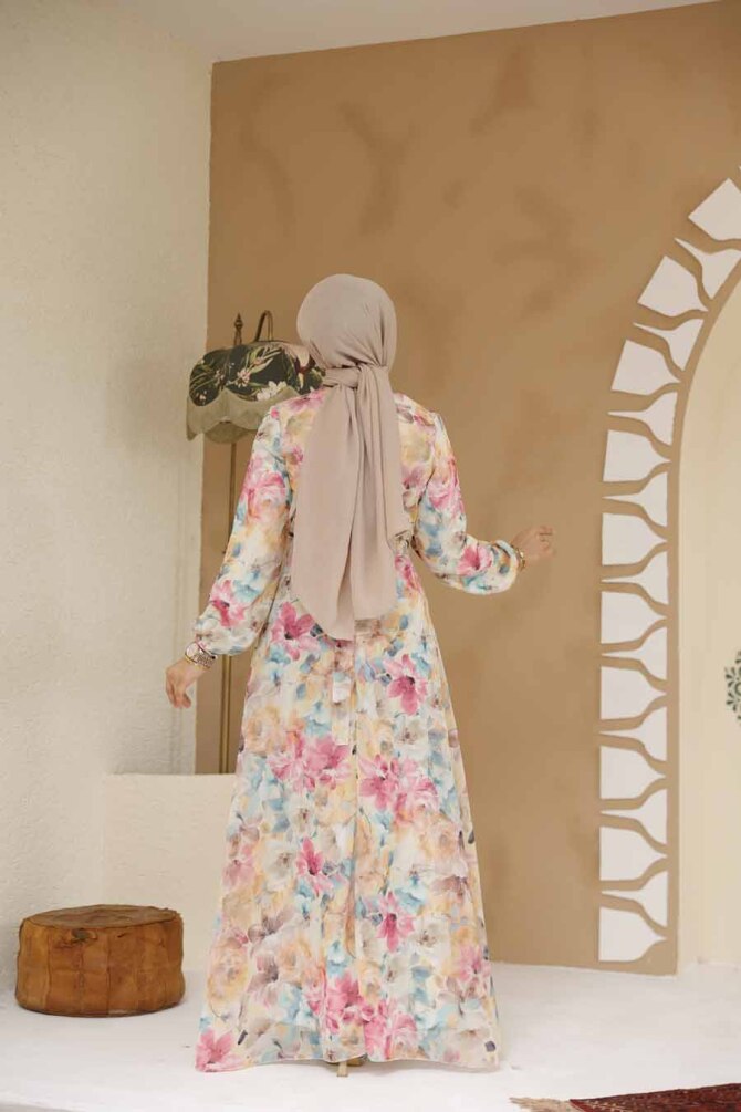 Çiçek Desenli Sarı Tesettür Elbise 27984SR - 4