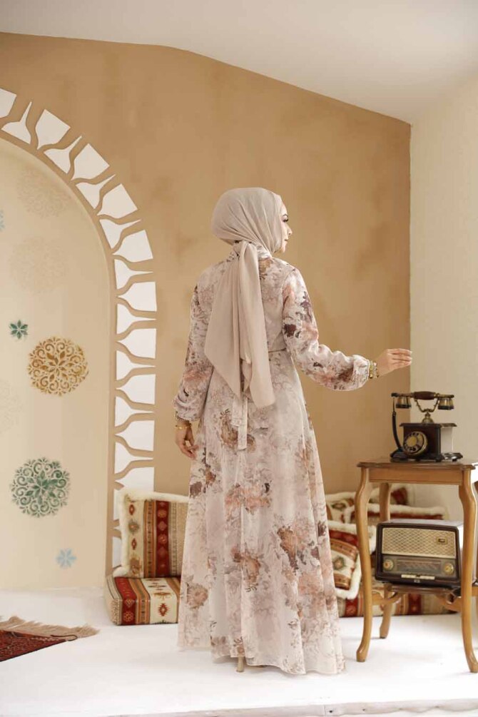 Çiçek Desenli Bej Tesettür Elbise 27967BEJ - 5