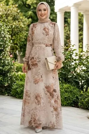 Çiçek Desenli Bej Tesettür Elbise 27967BEJ - 1