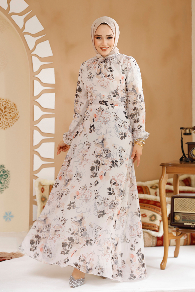 Çiçek Desenli Bej Tesettür Elbise 27981BEJ - 1