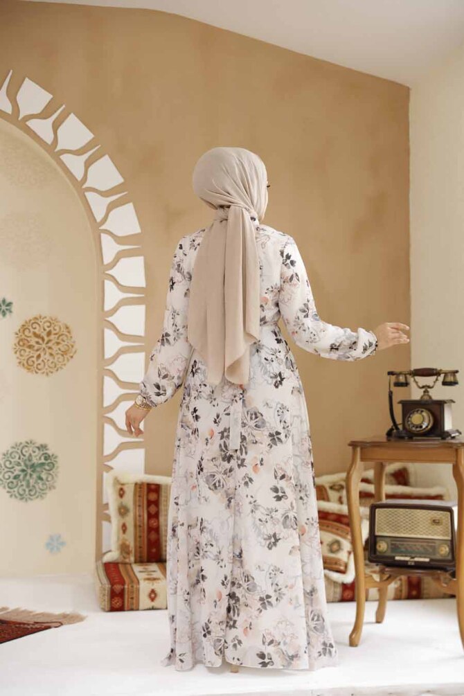 Çiçek Desenli Bej Tesettür Elbise 27981BEJ - 4