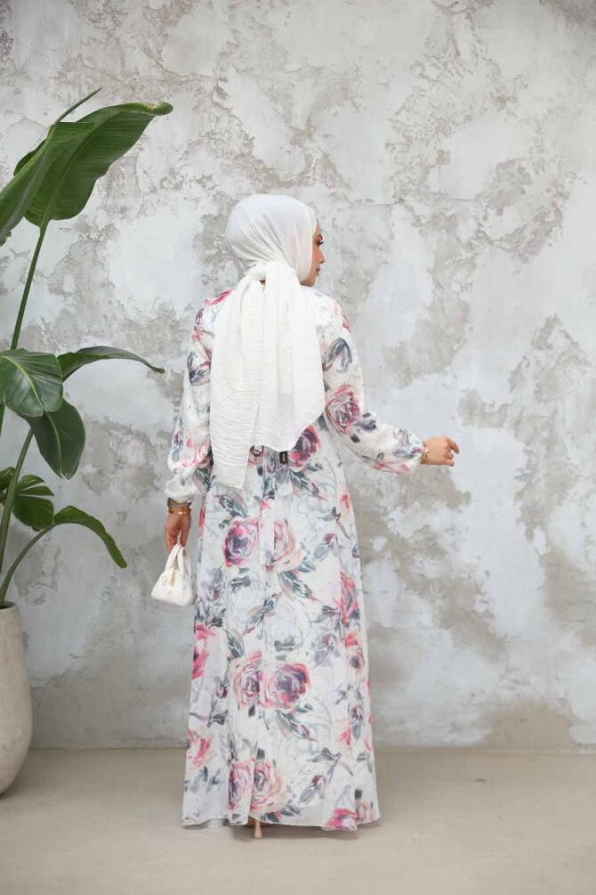 Çiçek Desenli Bej Tesettür Elbise 27986BGR - 3