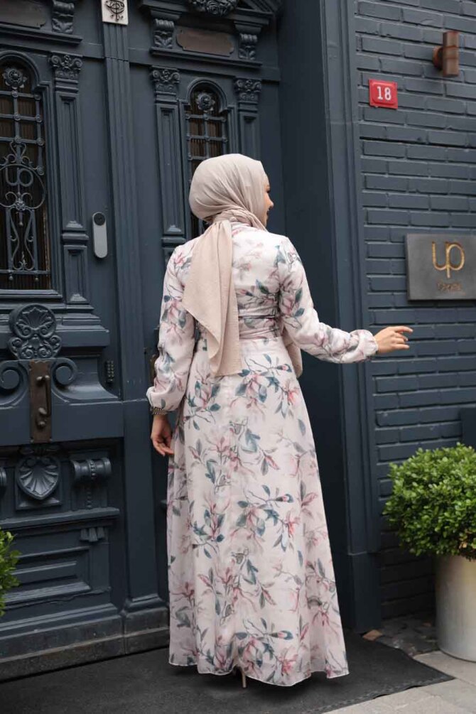 Çiçek Desenli Bej Tesettür Elbise 279915BEJ - 4
