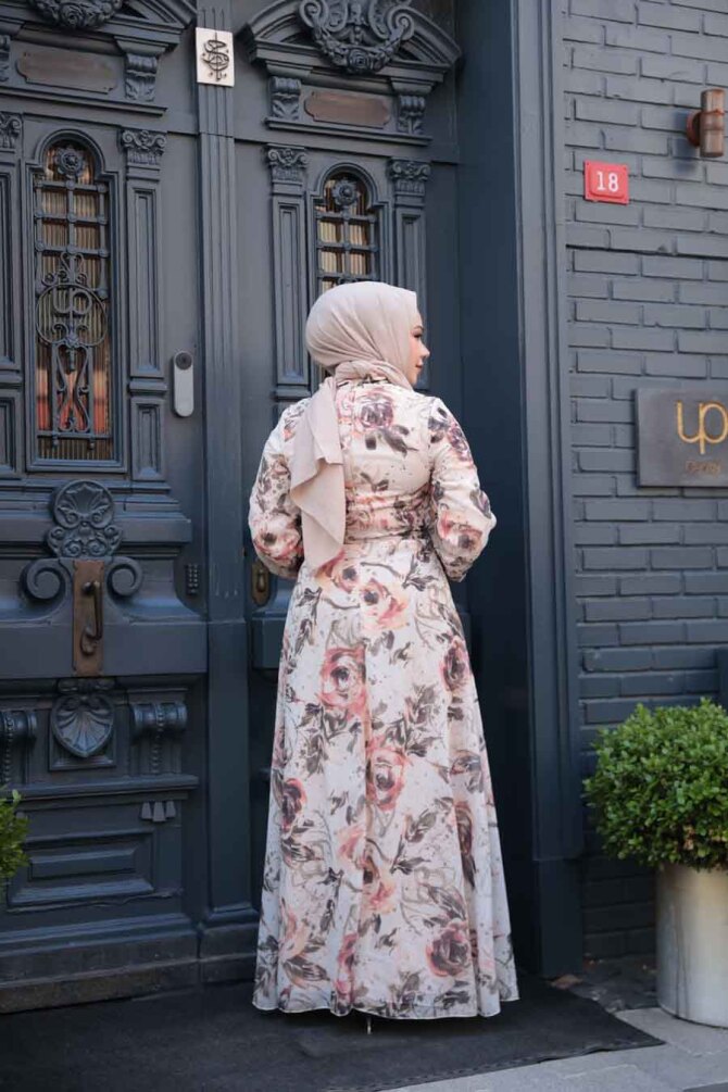 Çiçek Desenli Bej Tesettür Elbise 27992BEJ - 3
