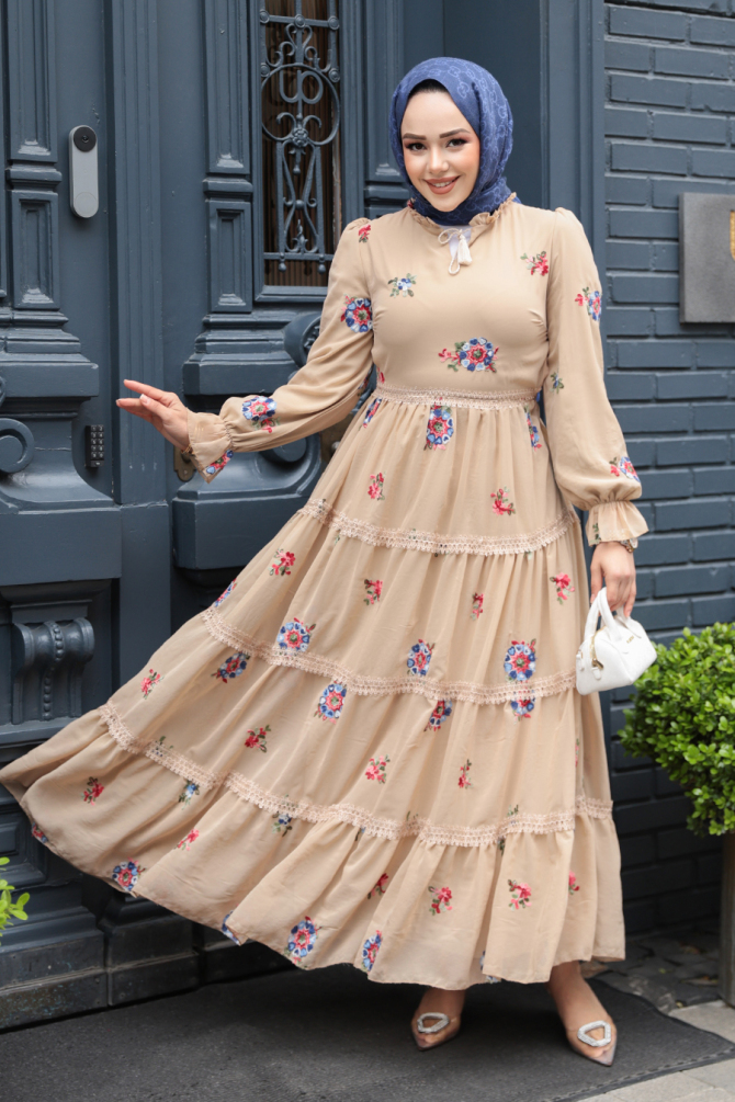 Çiçek Desenli Bej Tesettür Elbise 32816BEJ - 1