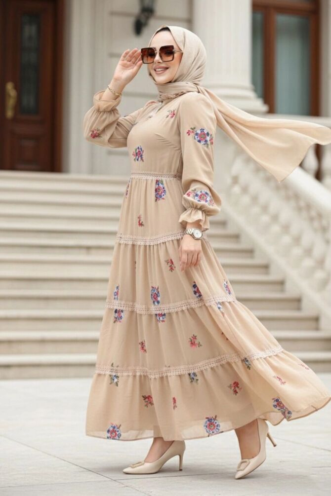 Çiçek Desenli Bej Tesettür Elbise 32816BEJ - NEVA STYLE