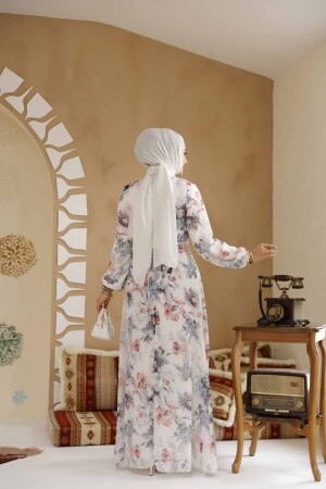 Çiçek Desenli Beyaz Gri Tesettür Elbise 27962BGR - 4