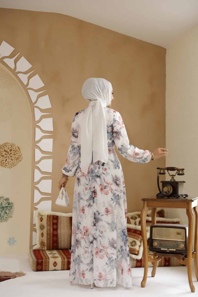 Çiçek Desenli Beyaz Gri Tesettür Elbise 27962BGR - 4