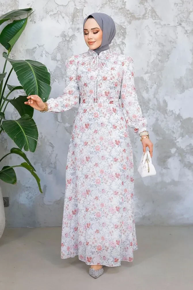 Çiçek Desenli Beyaz Mercan Tesettür Elbise 50812BMR - 1