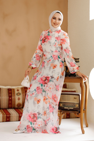 Çiçek Desenli Beyaz Pembe Tesettür Elbise 27962BP - 3