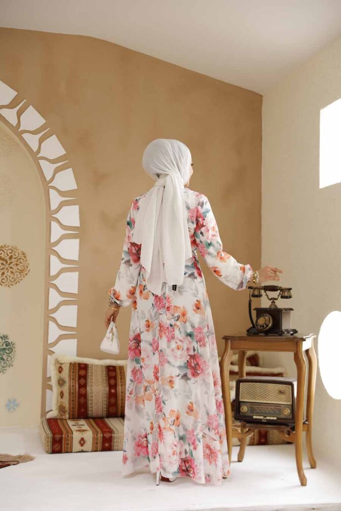Çiçek Desenli Beyaz Pembe Tesettür Elbise 27962BP - 4