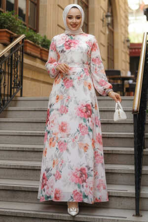 Çiçek Desenli Beyaz Pembe Tesettür Elbise 27962BP - 1