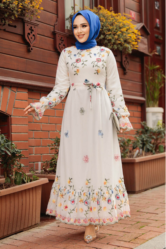 Çiçek Desenli Beyaz Tesettür Elbise 23234B - 1