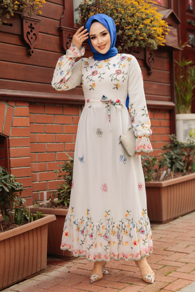 Çiçek Desenli Beyaz Tesettür Elbise 23234B - 3