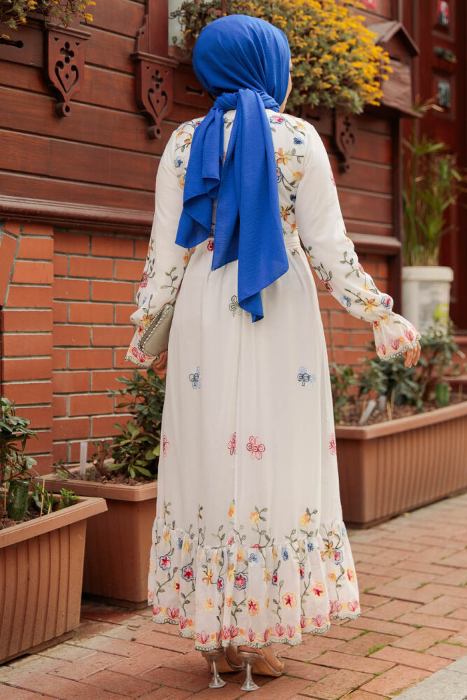 Çiçek Desenli Beyaz Tesettür Elbise 23234B - 4