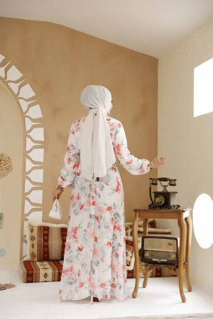 Çiçek Desenli Beyaz Tesettür Elbise 27964B - 4
