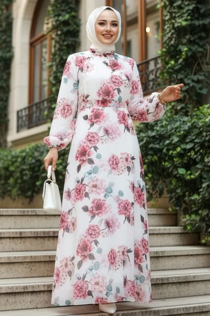 Çiçek Desenli Beyaz Tesettür Elbise 27965B - 1