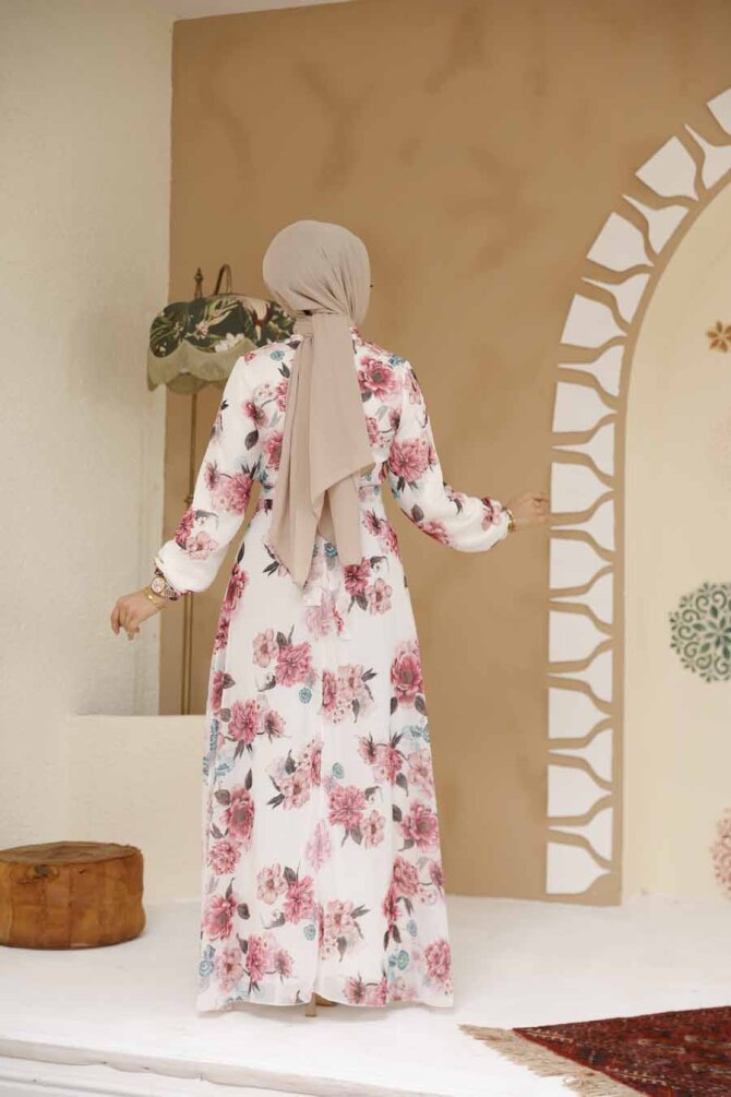 Çiçek Desenli Beyaz Tesettür Elbise 27965B - 4