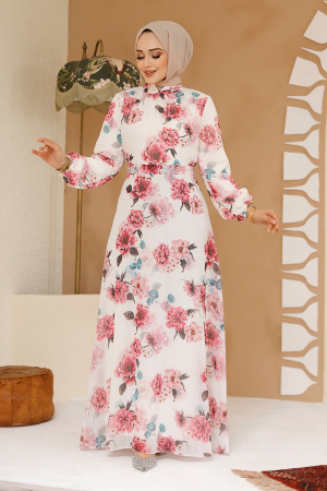 Çiçek Desenli Beyaz Tesettür Elbise 27965B - 3