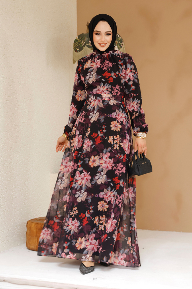 Çiçek Desenli Siyah Tesettür Elbise 27979S - 1