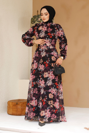 Çiçek Desenli Siyah Tesettür Elbise 27979S - 3