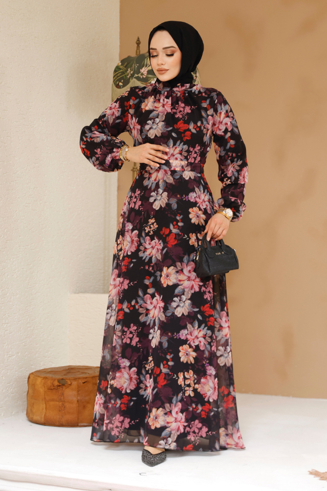 Çiçek Desenli Siyah Tesettür Elbise 27979S - 3