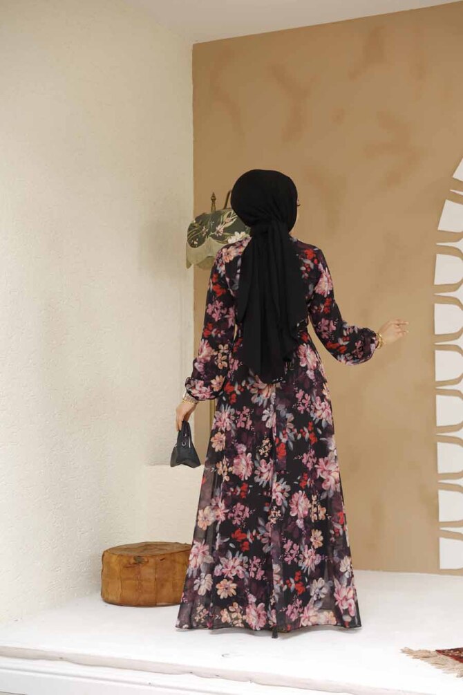 Çiçek Desenli Siyah Tesettür Elbise 27979S - 4